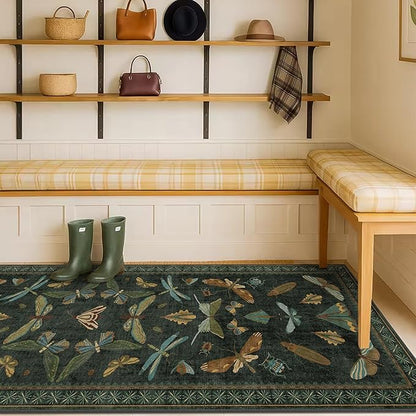 2x10 10ft Long Hallway Rug Runner - Washable Boho Rug for Entryway Idoor Non Slip, Dark Green Forest Butterfly Vintage Carpet, Low Pile & Soft Stain Resistant Indoor Décor