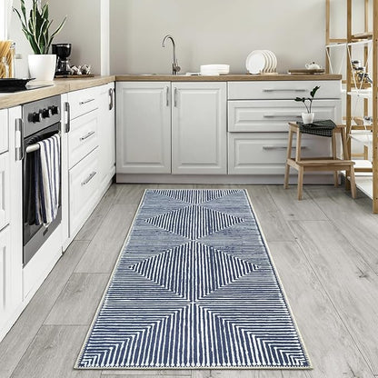 Bloom Rugs Washable Non-Slip 7 ft Runner - Blue Striped Runner for Entryway, Hallway, Bathroom, and Kitchen - Exact Size: 2.5' x 7'