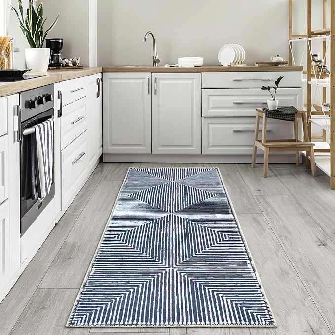 Bloom Rugs Washable Non-Slip 10 ft Runner - Blue Striped Runner for Entryway, Hallway, Bathroom, and Kitchen - Exact Size: 2.5' x 10'