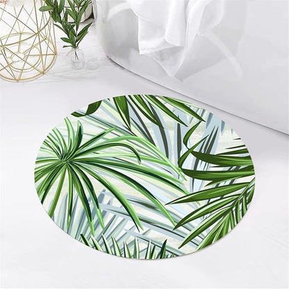 Round Rug 3ft - Pink Tropical Floral with Watercolor Leaves, Non-Slip Low Pile Circle Rug, Bohemian Jungle Turtleback Design for Dining Room Table, Living Room, Bedroom