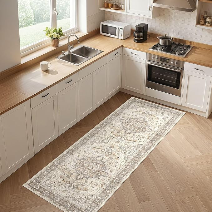 Runner Rug Kitchen Washable Rugs: 3x8 Non-Slip Boho Soft Vintage Stain Resistant Indoor Floor Neutral Farmhouse Throw Carpet for Hallway Bathroom Laundry Room Entryway Bedroom- Brown