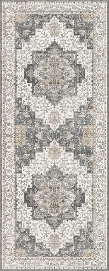GENIMO 2x5 Runner Rugs for Hallway, Machine Washable Non Slip Vintage Retro Rugs, Low Pile Lightweight Soft Print Rug for enrtyway, Corridor, Home Office, Kitchen, Heathered Grey