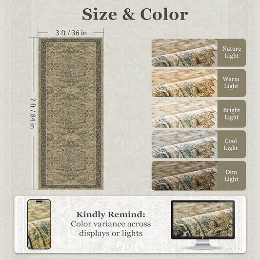 Medallion 3x7 Hallway Runner Rug, Washable Non Slip Runners for Kitchen Floor, Low Pile Thin Distressed Vintage Runner Carpet for Entryway/Mudroom/Foyer/Bathroom/Bedroom, Multi Brown/Olive