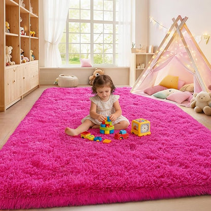 Large Fuzzy Rug 8x10 Feet Hot Pink Fluffy Rug for Living Room, Big Plush Non-Skid Shag Carpet, Soft Shaggy Rugs for Bedroom Indoor Modern Home Decor