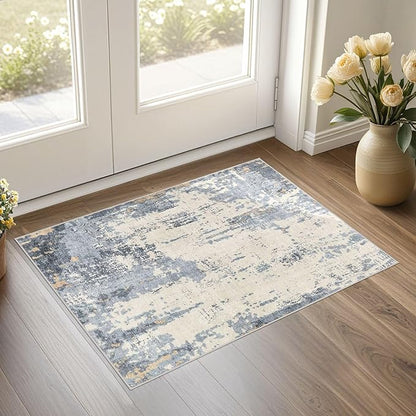 2x3 Entryway Area Rug: Washable Neutral Modern Abstract Small Rug - Non-Slip Low Pile Throw Indoor Carpet for Entrance Kitchen Front Door Mat Bathroom Entry Kids Room - Blue/Light Brown