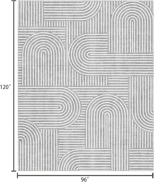 Washable Area Rug 8x10 - Large Grey Boho Rugs for Living Room Soft Abstract Bedroom Rug Ultra-Thin Modern Rainbow Carpet Dining Room Nursery Room Home Decor