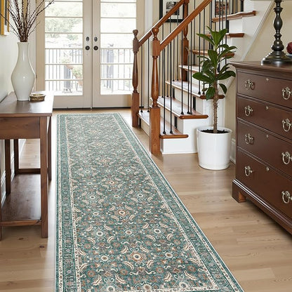 WITSHOCK Washable 3x10 Long Runners Rugs for Hallways,Vintage Neutral Hallway Rugs for Entryway Kitchen Bedroom,Vintage Farmhouse Home Decor(Teal Blue,3x10)