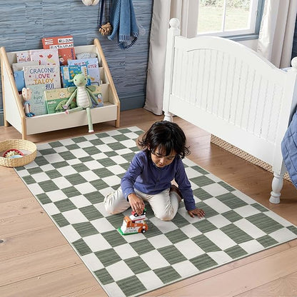 jinchan 3x5 Checkered Area Rugs for Kids Room - Machine Washable Soft Rug Modern Geometric Lattice Non-Slip Carpet for Nursery Playroom Bedroom Entryway Living Room Dining Room Home Office Grey
