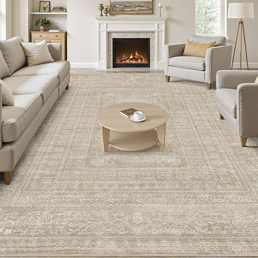 10x12 Area Rug Living Room: Washable Large Vintage Rug Neutral Non-Slip Soft Stain Resistant Indoor Carpet for Bedroom Nursery Dining Room Under Table Bed Home House Office Playroom - Brown