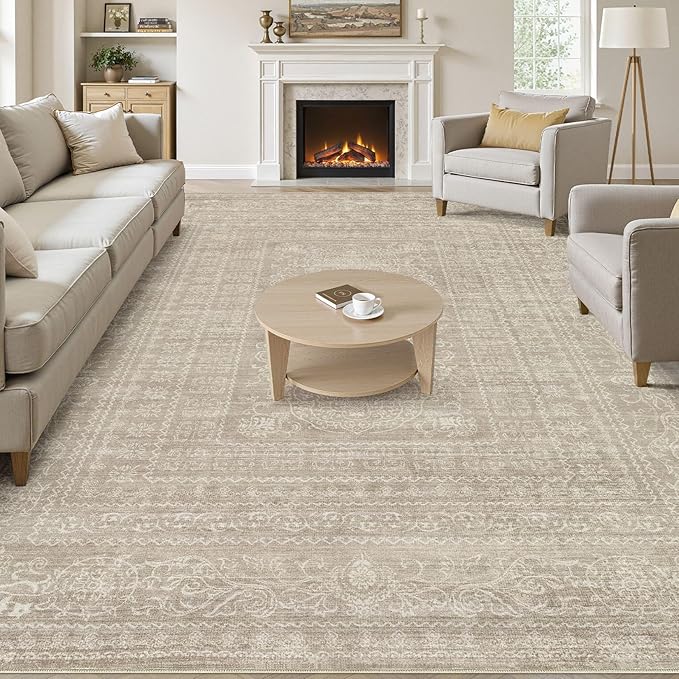 7x9 Area Rug Living Room: Washable Large Vintage Rug Neutral Non-Slip Soft Stain Resistant Indoor Carpet for Bedroom Nursery Dining Room Under Table Bed Home House Office Playroom - Brown