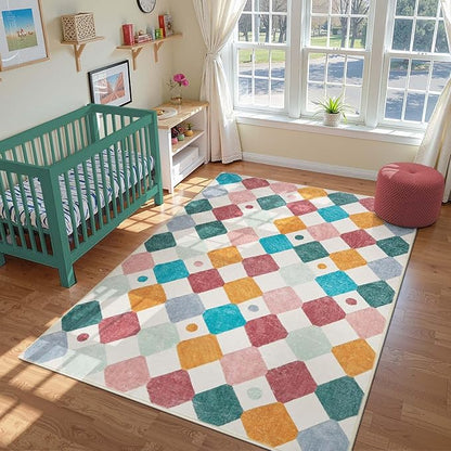 jinchan Macy Area Rug 6x9 Kids Washable Rug Indoor Floor Cover Non-Slip Modern Soft Rug Elementary School Classroom Diamond Carpet for Nursery Playroom Daycare Living Room Bedroom Confetti on Cream