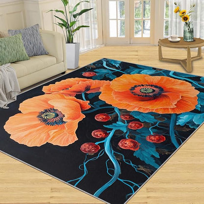 6x9 Poppy Living Room Rug - Retro Flowers Art Bedroom Carpet, Rustic Florals Art Classroom Rug for Carpet Boy Bedroom Office Nursery Hardwood Home Decor