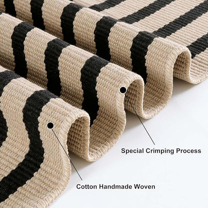Outdoor Rug Front Door Mat 2'x4.3', Cotton Indoor Doormat Washable Black and Tan Striped Rug, Stain Resistant Reversible Layered Door Mats for Entryway/Farmhouse/Home Entrance