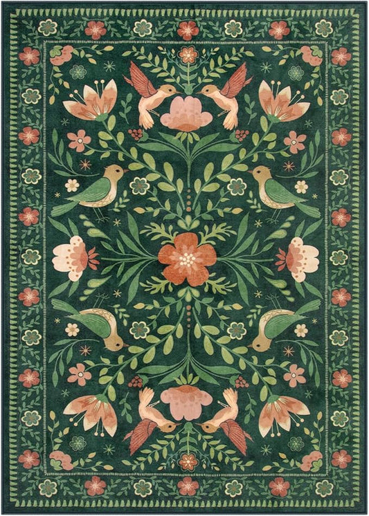Moynesa 3x5 Kitchen Rug, Modern Cottage Washable Non-Slip Low Pile Area Rug for Bedroom Entryway Entrance Aesthetic,Lightweight Foldable Farmhouse Floral Bird Print Pattern Carpet Retro Home Decor