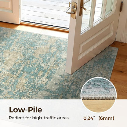 WITSHOCK Washable 2x3 Entryway Area Rug: Kitchen Rugs Runner Abstract Soft Floor Mat Non-Slip Stain Resistant Indoor Carpet for Bathroom Living Room,Teal Brown