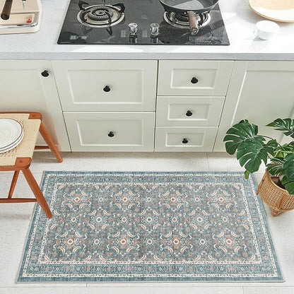 WITSHOCK Washable 2x4 Entryway Area Rug: Soft Non-Slip Backing Washable Rugs Vintage Flower Boho Accent Small Rugs for Bedroom, Kitchen, Bathroom, Nursery Entrance,Teal Blue