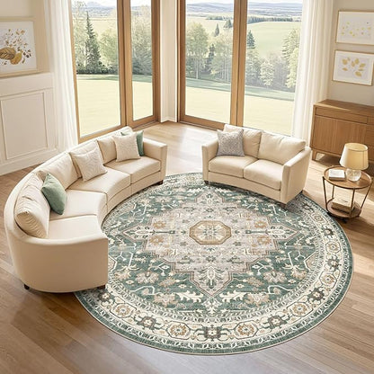Round Rug Living Room Rugs: 8x8 Washable Boho Neutral Large Circle Soft Indoor Distressed Stain Resistant Floor Farmhouse Carpet for Bedroom Nursery Kids Playroom Office Dining Room Dorm- Green
