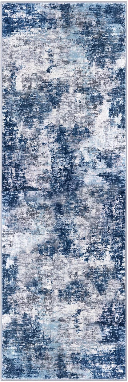 Modern Abstract Hallway Runner Rug, Grey Navy Blue 3x8 Runner Rug, Washable Kitchen Runner Non-Slip Soft Thin Print Faux Wool Carpet for Entryway Bedroom Laundry Room Indoor