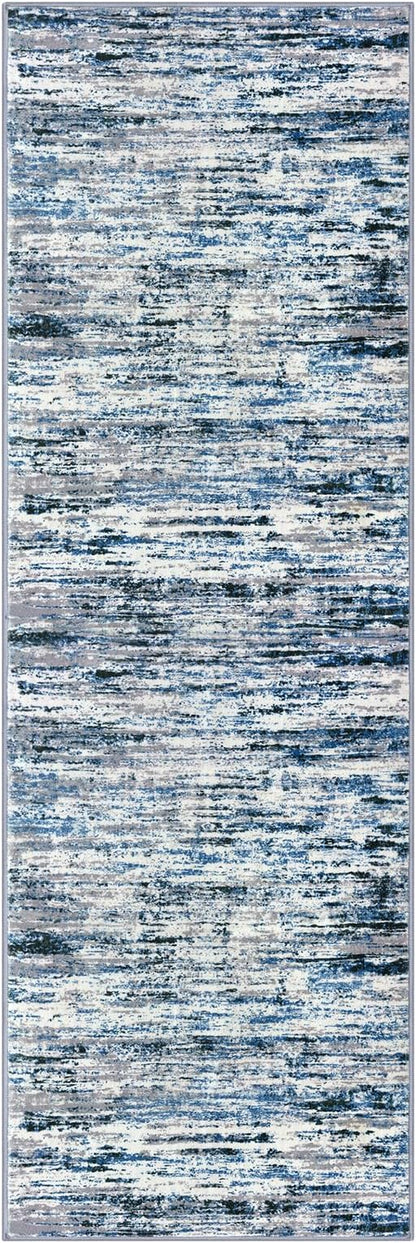 Modern Abstract Runner Rug 2.6x8, Grey Blue White Washable Kitchen Runner Non-Slip Soft Hallway Rug Runner Thin Print Faux Wool Carpet for Entryway Bedroom Laundry Room Indoor Home Decor