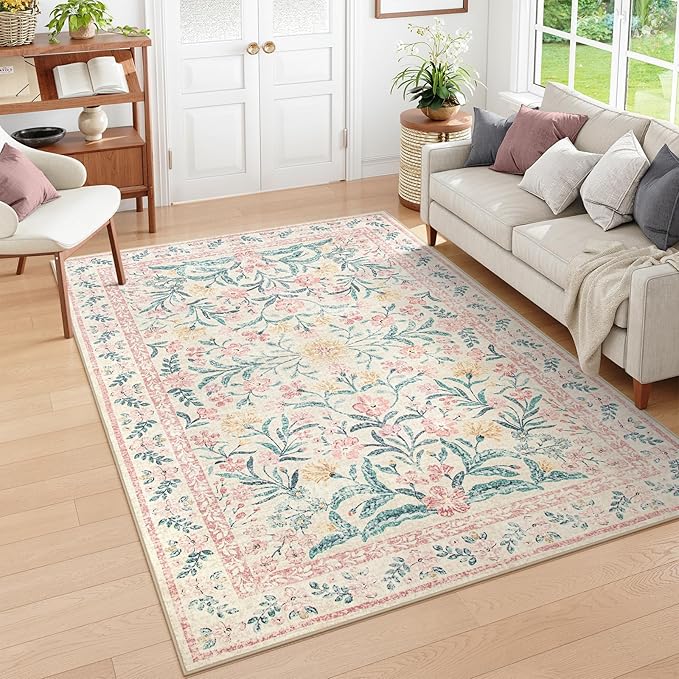 Wonnitar Washable Area Rug 6x9, Pink Floral Rugs for Bedroom Girls Soft Living Room Carpet Ultra-Thin, Boho Non Slip Non-Shedding Pastel Nursery Carpet for Kids Room Playroom Dorm