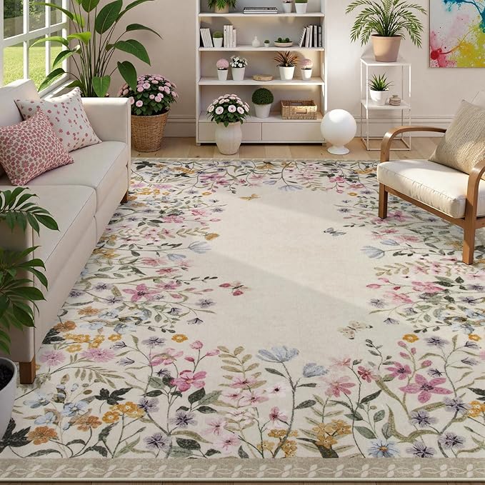 Wonnitar Washable Boho Floral 9x12 Rugs for Bedroom, Non-Slip Living Room Area Rug, Cute Nursery Large Botanical Area Rug, Soft Floor Carpet for Playroom Closet (Beige,9'x12')