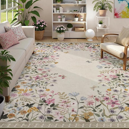 Wonnitar Washable Boho Floral 9x12 Rugs for Bedroom, Non-Slip Living Room Area Rug, Cute Nursery Large Botanical Area Rug, Soft Floor Carpet for Playroom Closet (Beige,9'x12')