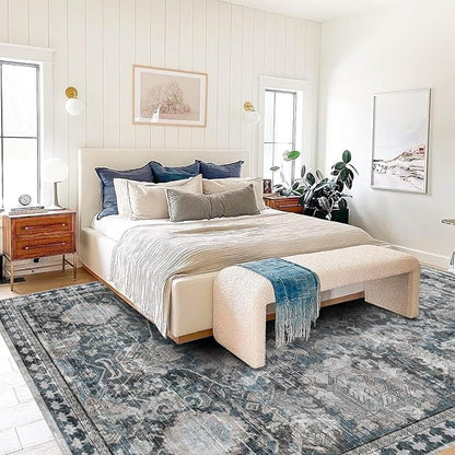 RUGSURE Washable Area Rugs - Perfect for Living Room, Bedroom, Kids Room, Nursery - Stain & Water Resistant Non-Slip, Pet & Child Friendly, Vintage Tribal Area Rugs (Grey and Bule, 9' x 12')