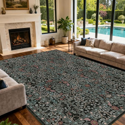 Area Rug for Living Room, 10x12 Large Washable Rugs for Dining Room, Bedroom, Non Slip Stain Resistant Carpet, Low Pile Vintage Floral Rug (Dark Green)