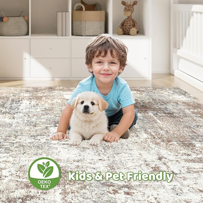 6x9 Area Rugs Washable Rug: Large Abstract Modern Soft Stain Resistant Indoor Floor Non Slip Accent Carpet for Living Room Bedroom Nursery Playroom Dining Room Office Dorm Home House Decor- Brown