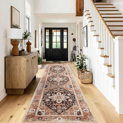 XWZO Washable Hallway Runner Rug 2x8ft — Non-Slip Low Pile Area Rug with Rubber Backing, Spill Resistant Soft Vintage Floor Carpet Runner for Kitchen Entryway Doorway Bedroom Corridor, Brick Red