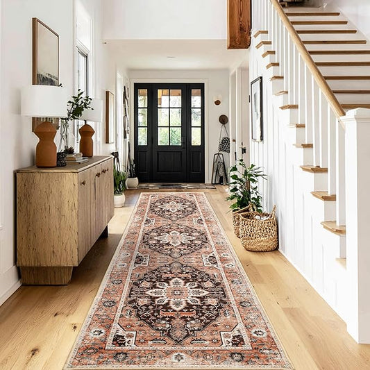 XWZO Washable Hallway Runner Rug 2x8ft — Non-Slip Low Pile Area Rug with Rubber Backing, Spill Resistant Soft Vintage Floor Carpet Runner for Kitchen Entryway Doorway Bedroom Corridor, Brick Red