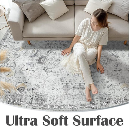 jinchan Area Rug 8x10 Washable Living Room Rug Soft Vintage Indoor Thin Retro Distressed Floor Cover Grey Floral Country Boho Rug Non Slip Carpet for Bedroom Office Dining Room