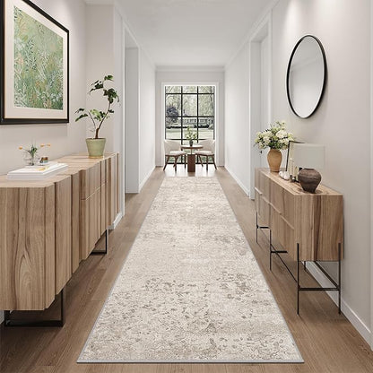 Art&Tuft Non-Slip Runner Rug - 2.5x12 Runner Rug Washable Low-Pile Rugs Runners, Soft Distressed Carpet Runner for Bedroom Bathroom Kitchen Laundry Living Room, Beige