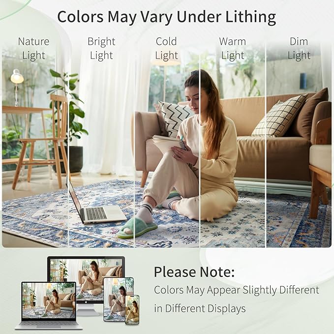 Enkor Area Soft Rugs 5x7 Washable Non Slip Boho Floor Rugs for Living Room Bedroom, Vintage Style Farmhouse Mat for Kitchen Entryway Blue & White