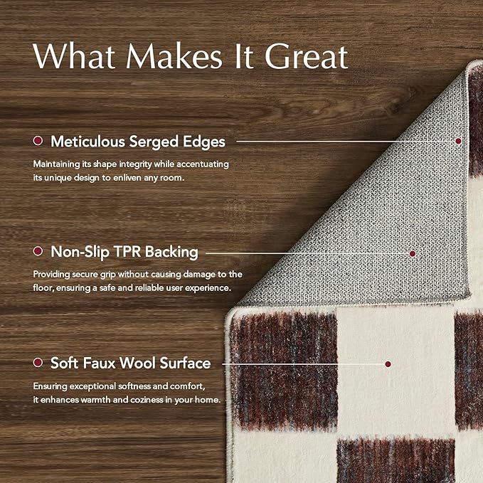 EVERGRACE Checkered Plaid Area Rug 2x6, Soft Fuzzy Faux Wool Rugs Washable Anti Slip Rugs Long Runner Rug for Entryway Bedroom Living Room Hallway Dining Room and Laundry, Dark Brown and White