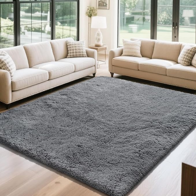 Fluffy Rug Shaggy Area Rug, Dark Grey 5x8 Area Rugs for Bedroom, Small Bedside Rug, Soft Fluffy Shaggy Entryway Throw Rugs for Living Room Bedroom Kids Room Home Decor