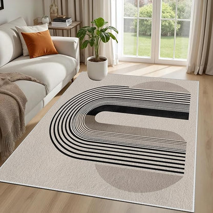 Modern Washable Rug for Living Room 3x4, Boho Abstract Striped Area Rugs, Soft Non Slip Low Pile Farmhouse Carpet for Bedroom Dining Room Kitchen, Stain Resistant, Pet Friendly, Beige Black