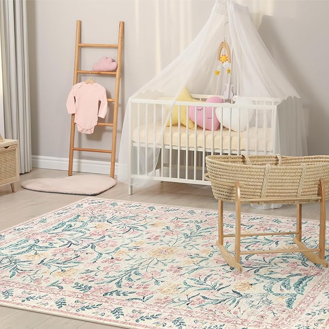 Morebes Floral Pink Rugs for Bedroom Girls, Washable 5x7 Large Area Rug for Living Room Non Slip, Vintage Low-Pile Indoor Floor Boho Flower Carpet for Kids Nursery Playroom, Light Pink&Green