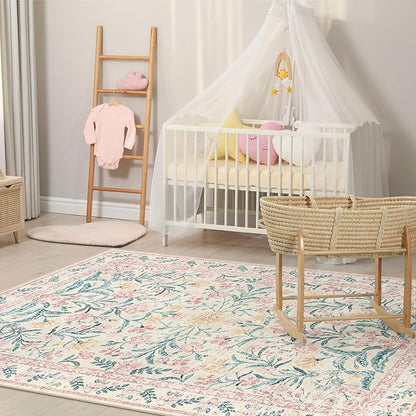 Morebes Floral Pink Rugs for Bedroom Girls, Washable 5x7 Large Area Rug for Living Room Non Slip, Vintage Low-Pile Indoor Floor Boho Flower Carpet for Kids Nursery Playroom, Light Pink&Green