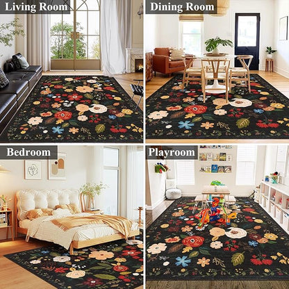 U'Artlines 6x9ft Vintage Floral Area Rug Machine Washable Ultra Soft Low Pile Non Slip Non Shedding Accent Floor Carpet for Living Room, Bedroom, Dining Room, Office (Black Green)