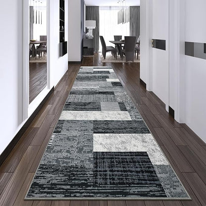Indoor Runner Rug, Washable Runner Rug with Rubber Backing, Modern Geometric Patchwork Aesthetic Carpet for Bedroom, Living Room, Hallway, Entryway, Washable Rugs Rockwood Collection, 2.7x8 Ft Grey