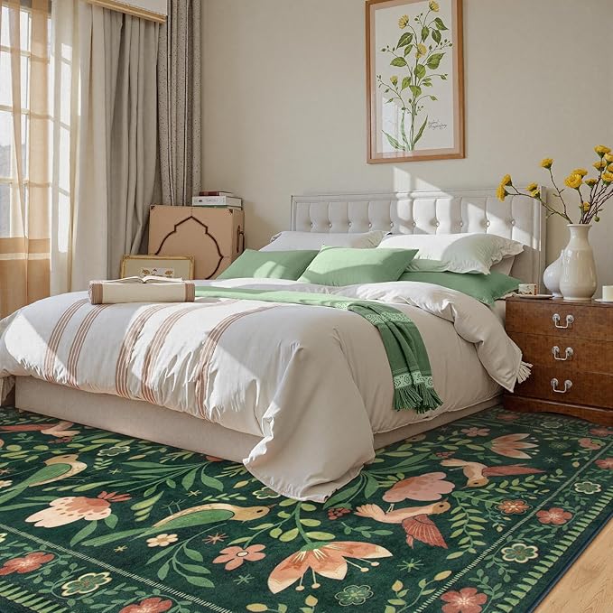 Moynesa Green Washable 8x10 Area Rugs for Living Room Bedroom Dining Room, Modern Cottage Farmhouse Aesthetic Floral Bird Medallion Carpet, Vintage Home Decor Open Floor Areas Protection Non-Slip
