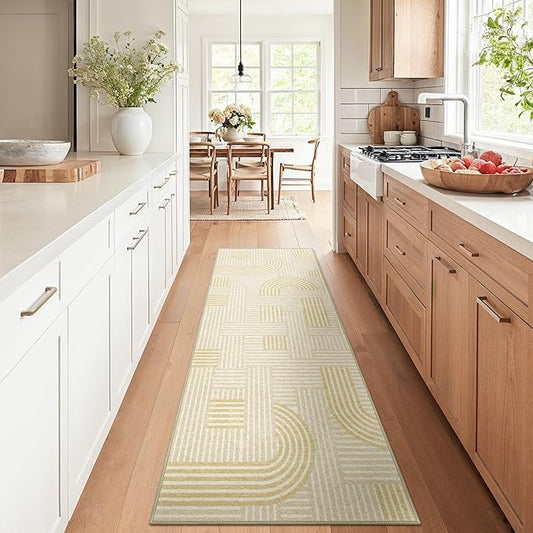 Bavni Washable Runner Rug, Soft Modern Printed Rug Runner, Abstract 2x5 Runners for Hallways, Kitchen, Laundry, Abstract Yellow Beige