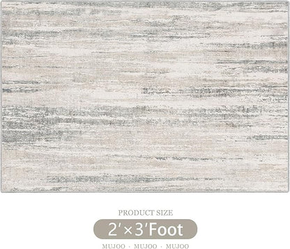 MUJOO Small Rug Washable,2x3 Area Rugs for Entryway Entry Entrance Bedroom Bathroom,Modern Abstract Low Pile Throw Rug,Front Door Mat Non Slip Accent Neutral Carpet Indoor Beige and Grey