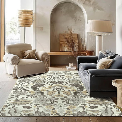 EVERGRACE Area Rugs for Living Room 6x9, Boho Floral Faux Wool Indoor Outdoor Rugs, Washable Rugs for Bedroom Dining Room Entryway Kitchen, Low Pile Floor Mat Carpet for Home Decor, Gray