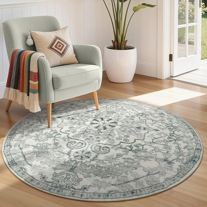 Lahome Bohemian Round Area Rugs, Washable Small Round Rug 3ft Soft Non-Slip Circle Rugs for Entryway, Low Pile Non-Shedding Print Indoor Carpet for Kitchen Laundry Bathroom, Beige