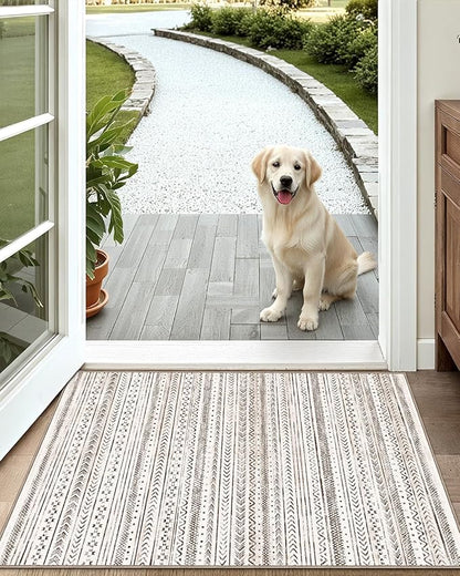 LUMI Ultra Thin Door Mat, 18x30 Non Slip Indoor Doormat Entrance Washable Rugs Entryway Oriental Vintage Soft Carpet for Kitchen Bedroom Front Door, White and Brown