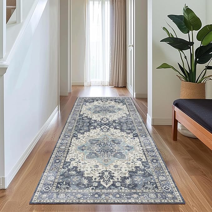 GENIMO 2'6"x8 Runner Rugs for Hallway, Machine Washable Non Slip Vintage Rugs, Low Pile Lightweight Soft Print Rug for enrtyway, Corridor, Home Office, Kitchen, Center Blue