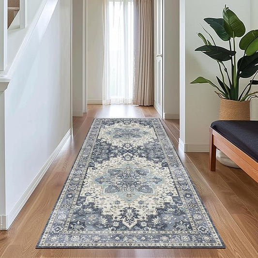 GENIMO 2x5 Runner Rugs for Hallway, Machine Washable Non Slip Vintage Rugs, Low Pile Lightweight Soft Print Rug for enrtyway, Corridor, Home Office, Kitchen, Center Blue