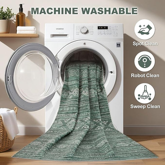 Nakagishi 8X10 Area Rugs Living Room: Washable Boho Large Neutral Modern Soft Farmhouse Green Rug Stain Resistant Indoor Floor Non-Slip Carpet for Women Home Enthusiasts Aged 25-45 - Bedroom Room
